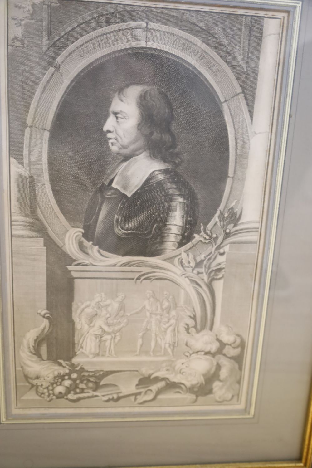 Six assorted antique engravings, Portraits of William Pitt, Oliver Cromwell, Robert Lloyd Raymond, Prince George of Denmark, Sir